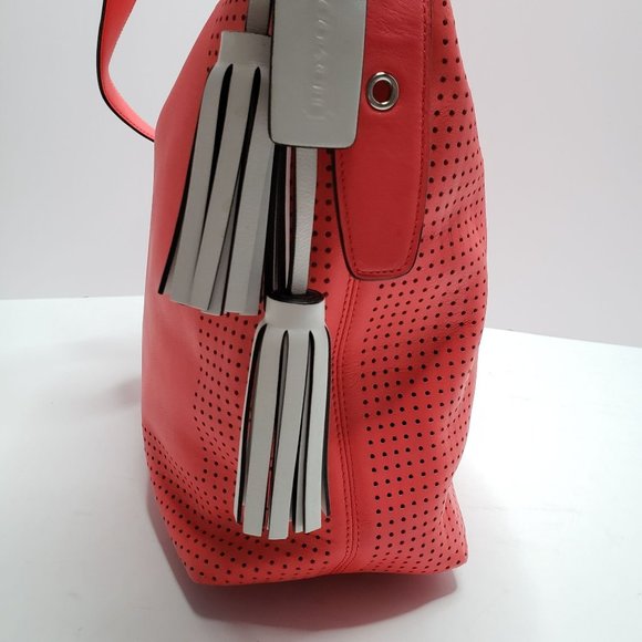Coach Legacy Perforated Duffle Purse Coral Leather Tassel Detail Large Handbag - Picture 5 of 13